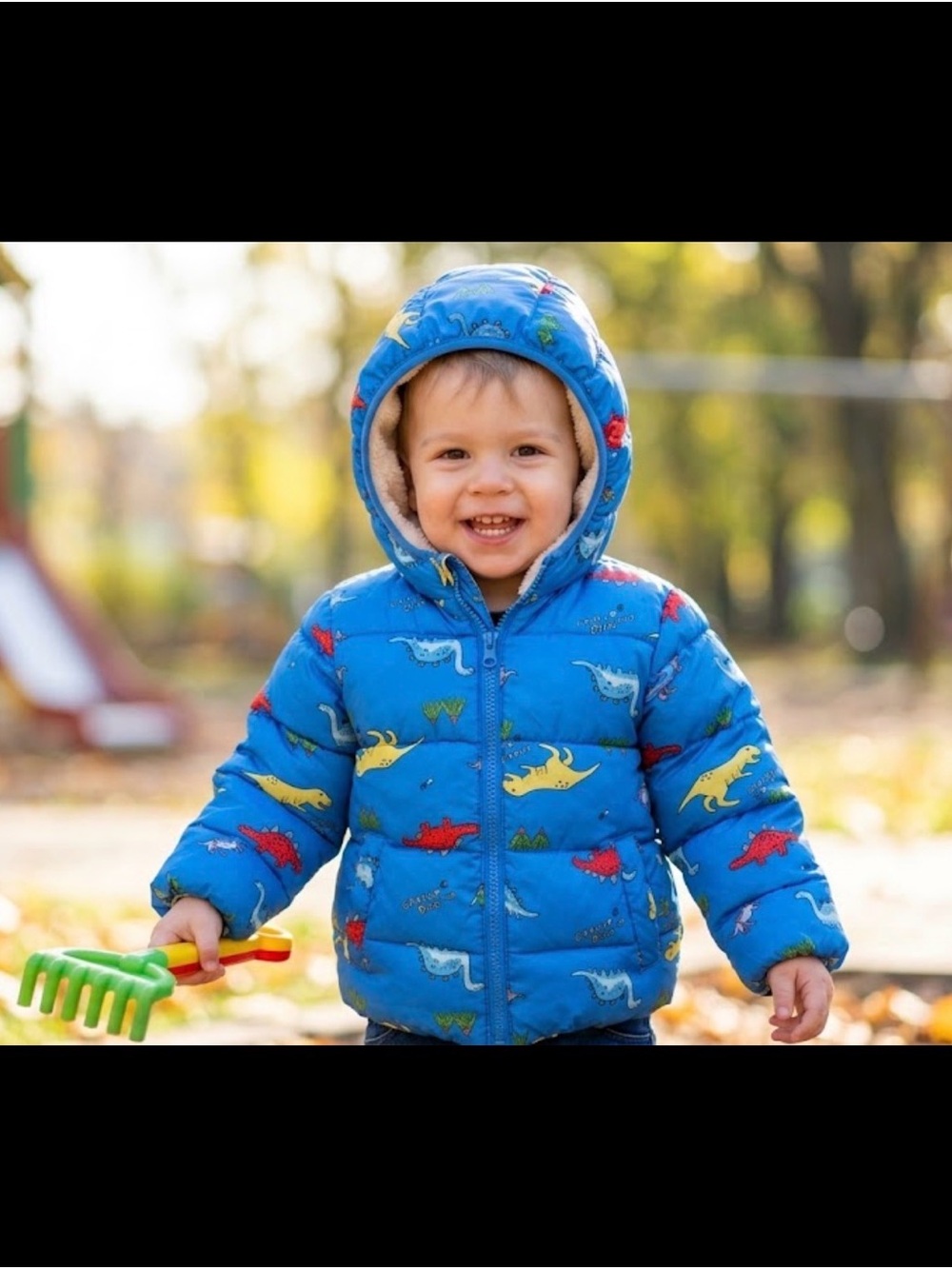 Toddler Boy Dinosaur Puffer Jacket Blue Sherpa Fleece Hood Warm Coat Packable 2T